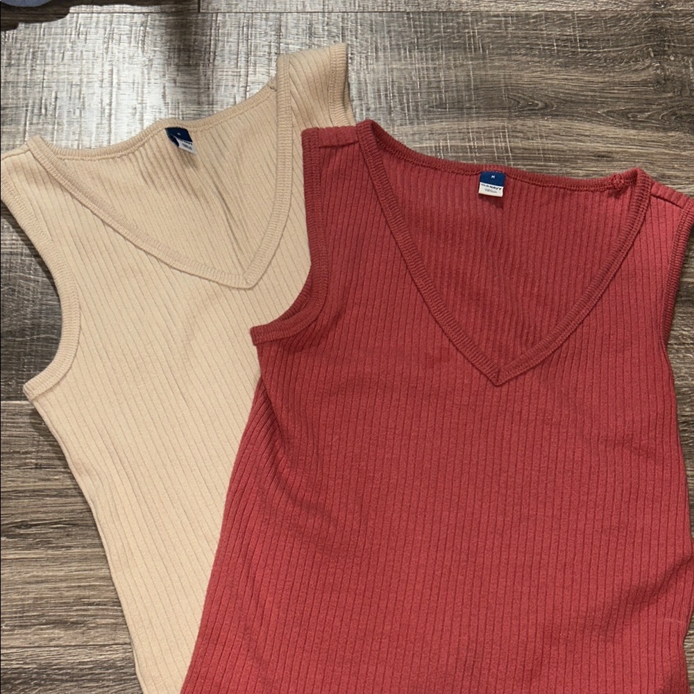 Old Navy Ribbed V-Neck Sleeveless Tops - Red and Beige